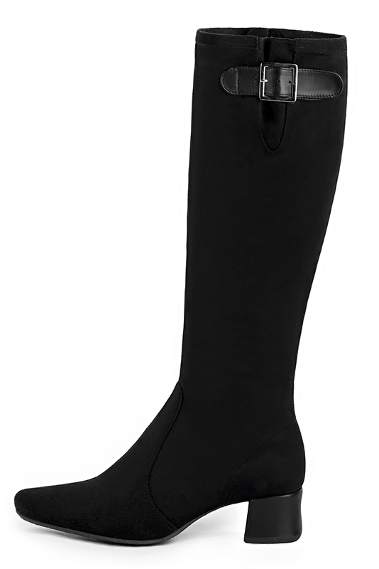 Matt black women's knee-high boots with buckles. Round toe. Low flare heels. Made to measure. Profile view - Florence KOOIJMAN